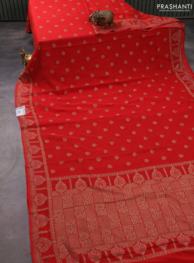 Banarasi georgette saree red with allover thread & zari butta weaves and woven border