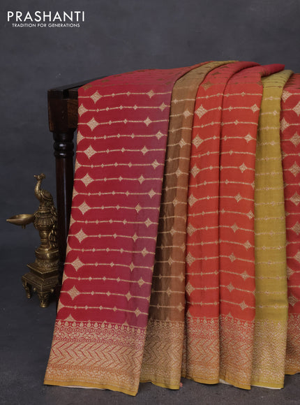 Banarasi georgette saree maroon shade and mehendi green with allover thread & zari geometric weaves and woven border