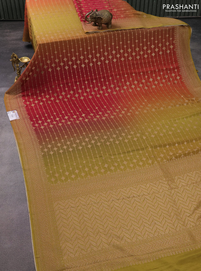 Banarasi georgette saree maroon shade and mehendi green with allover thread & zari geometric weaves and woven border