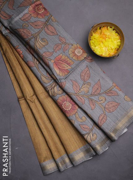 Semi tussar saree mustard shade and grey with plain body and kalamkari printed pallu