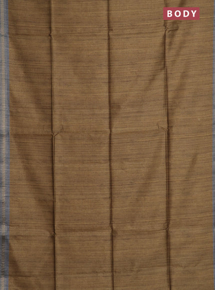 Semi tussar saree mustard shade and grey with plain body and kalamkari printed pallu