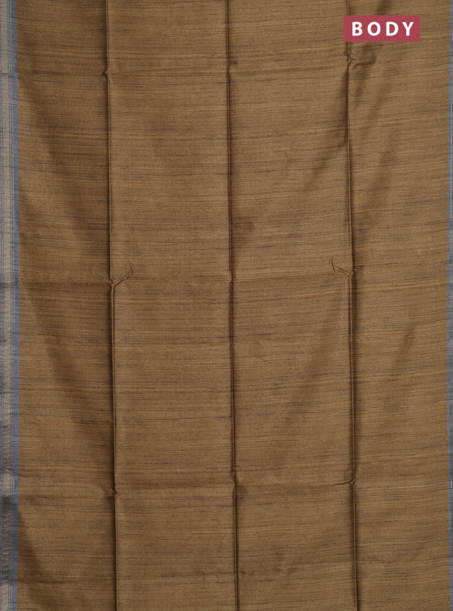 Semi tussar saree mustard shade and grey with plain body and kalamkari printed pallu