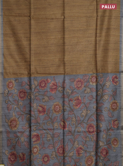 Semi tussar saree mustard shade and grey with plain body and kalamkari printed pallu