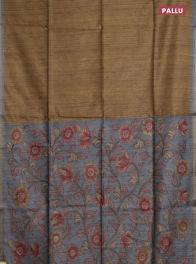 Semi tussar saree mustard shade and grey with plain body and kalamkari printed pallu