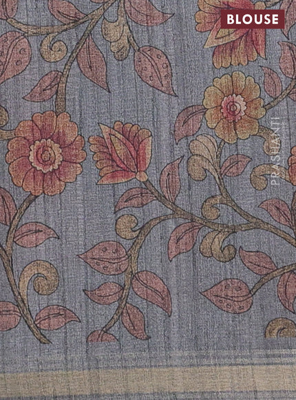 Semi tussar saree mustard shade and grey with plain body and kalamkari printed pallu