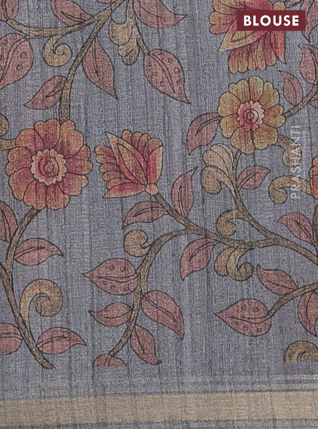 Semi tussar saree mustard shade and grey with plain body and kalamkari printed pallu