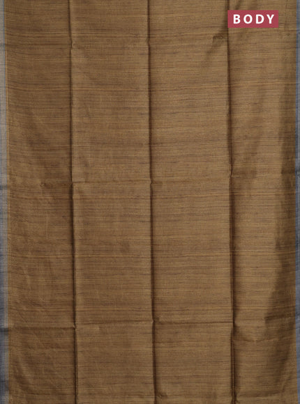 Semi tussar saree mustard shade and grey with plain body and kalamkari printed pallu