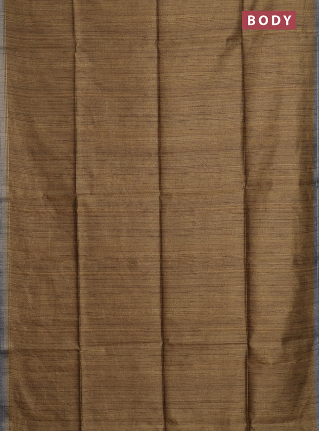 Semi tussar saree mustard shade and grey with plain body and kalamkari printed pallu