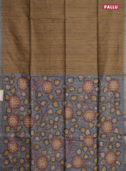 Semi tussar saree mustard shade and grey with plain body and kalamkari printed pallu
