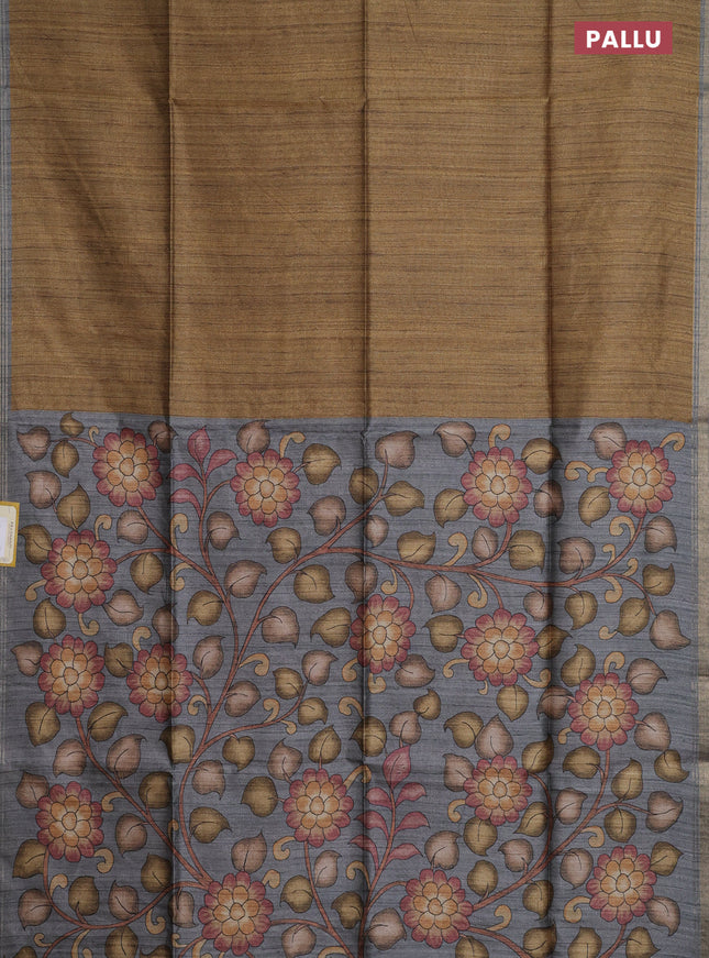 Semi tussar saree mustard shade and grey with plain body and kalamkari printed pallu
