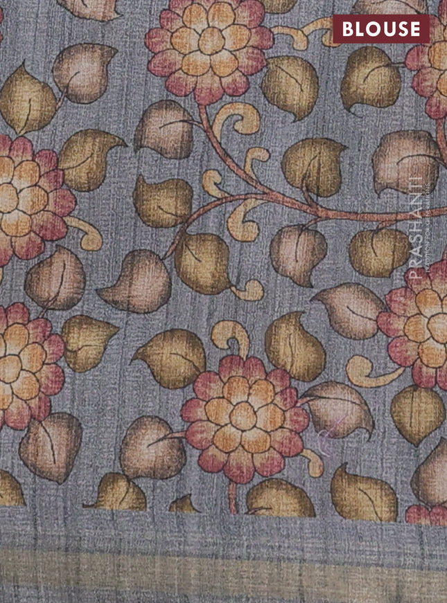 Semi tussar saree mustard shade and grey with plain body and kalamkari printed pallu