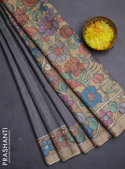 Semi tussar saree grey and sandal with plain body and kalamkari printed pallu