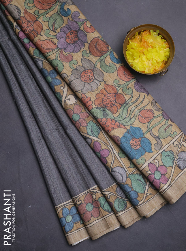 Semi tussar saree grey and sandal with plain body and kalamkari printed pallu