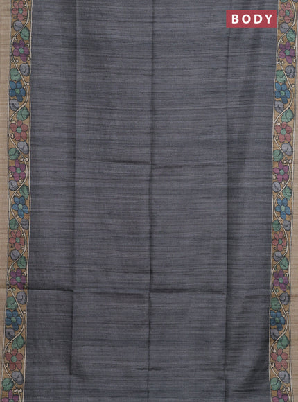 Semi tussar saree grey and sandal with plain body and kalamkari printed pallu