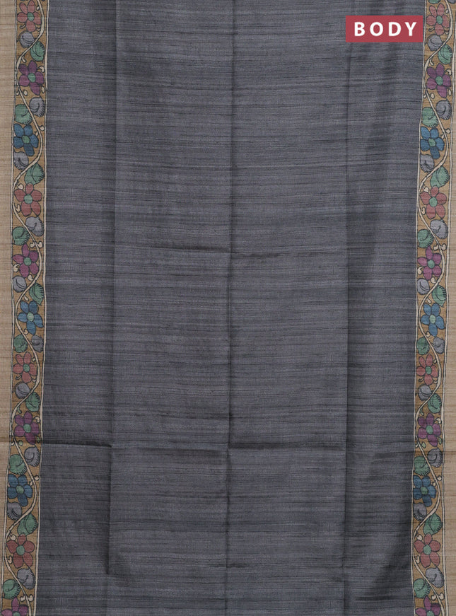 Semi tussar saree grey and sandal with plain body and kalamkari printed pallu