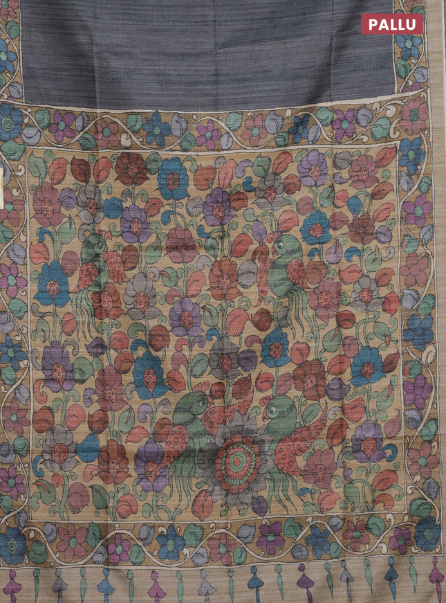 Semi tussar saree grey and sandal with plain body and kalamkari printed pallu