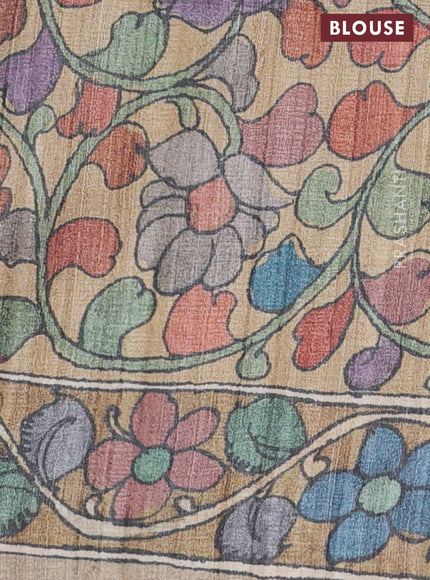 Semi tussar saree grey and sandal with plain body and kalamkari printed pallu