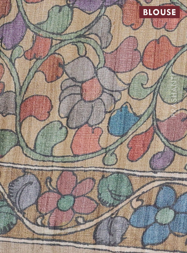 Semi tussar saree grey and sandal with plain body and kalamkari printed pallu