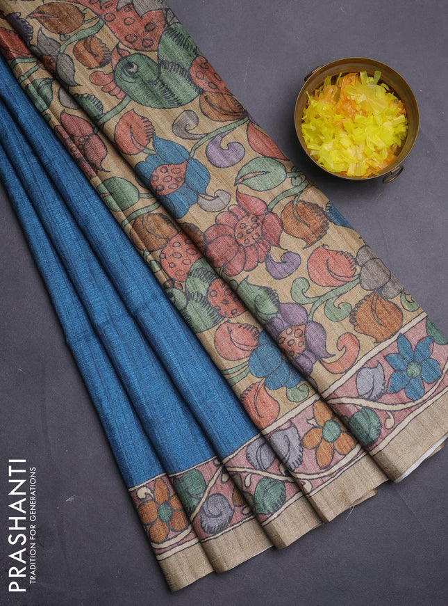 Semi tussar saree peacoc kblue and brown sandal with plain body and kalamkari printed pallu
