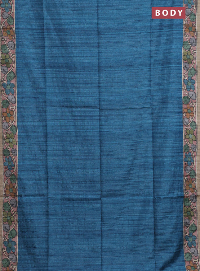 Semi tussar saree peacoc kblue and brown sandal with plain body and kalamkari printed pallu