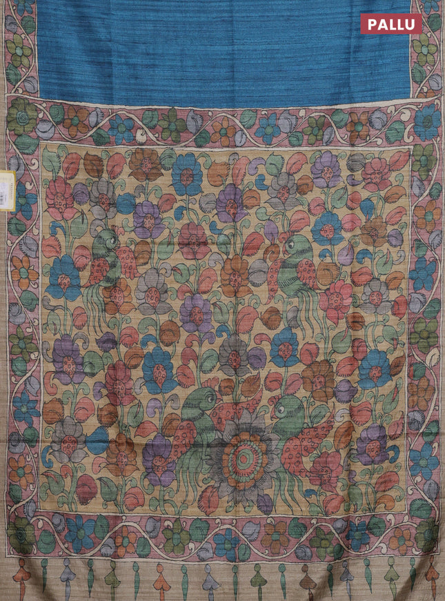 Semi tussar saree peacoc kblue and brown sandal with plain body and kalamkari printed pallu