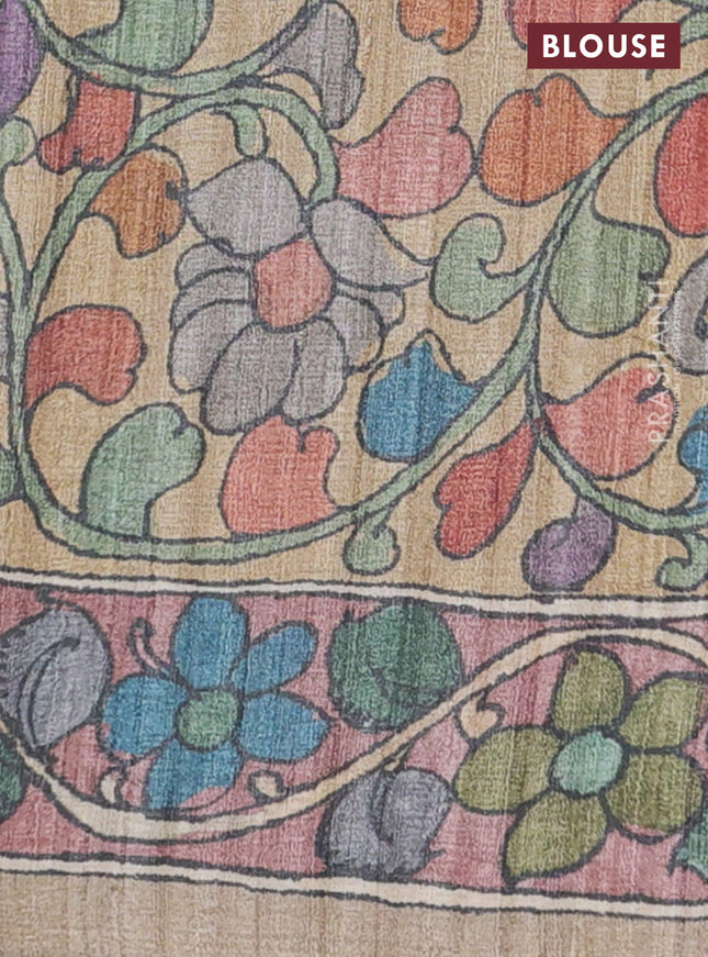 Semi tussar saree peacoc kblue and brown sandal with plain body and kalamkari printed pallu