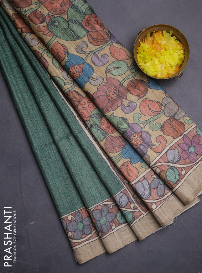Semi tussar saree green and brown sandal with plain body and kalamkari printed pallu