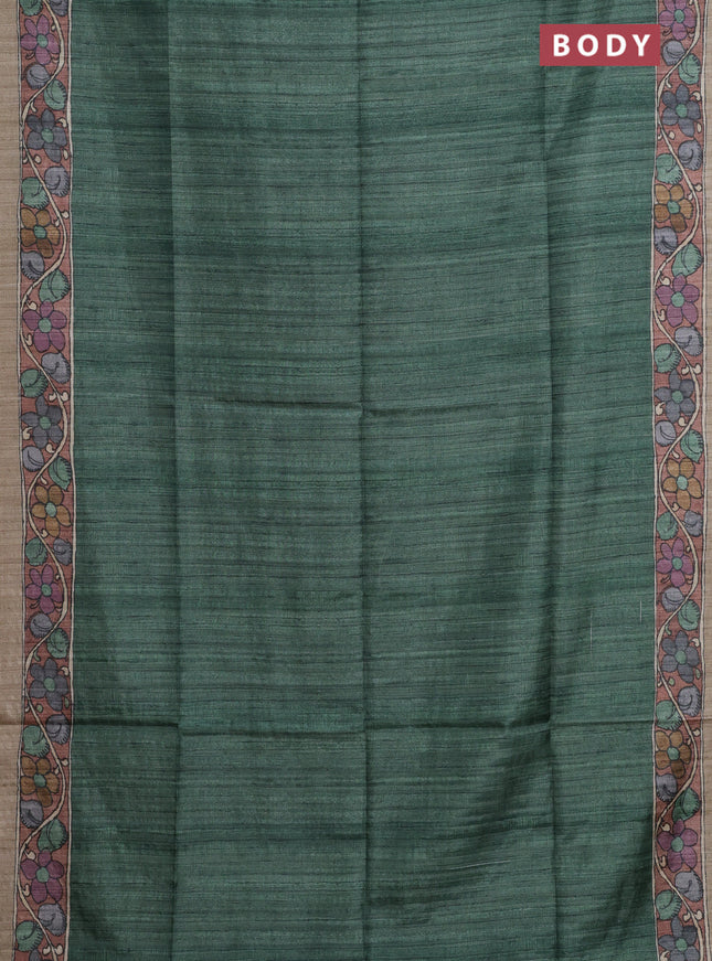 Semi tussar saree green and brown sandal with plain body and kalamkari printed pallu