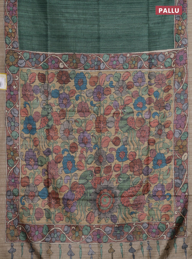 Semi tussar saree green and brown sandal with plain body and kalamkari printed pallu