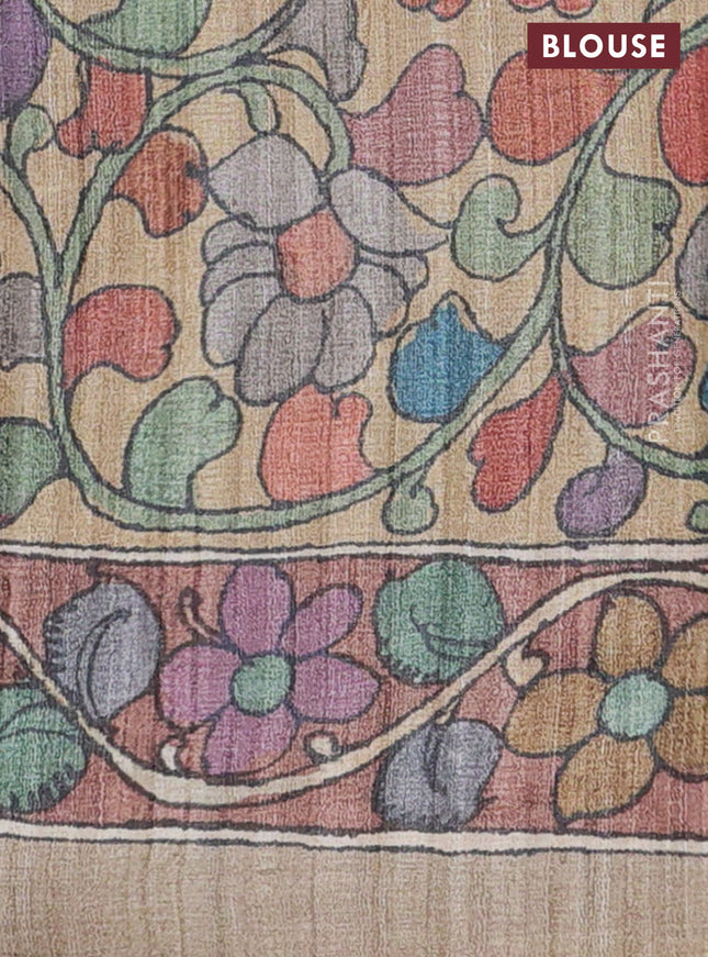 Semi tussar saree green and brown sandal with plain body and kalamkari printed pallu