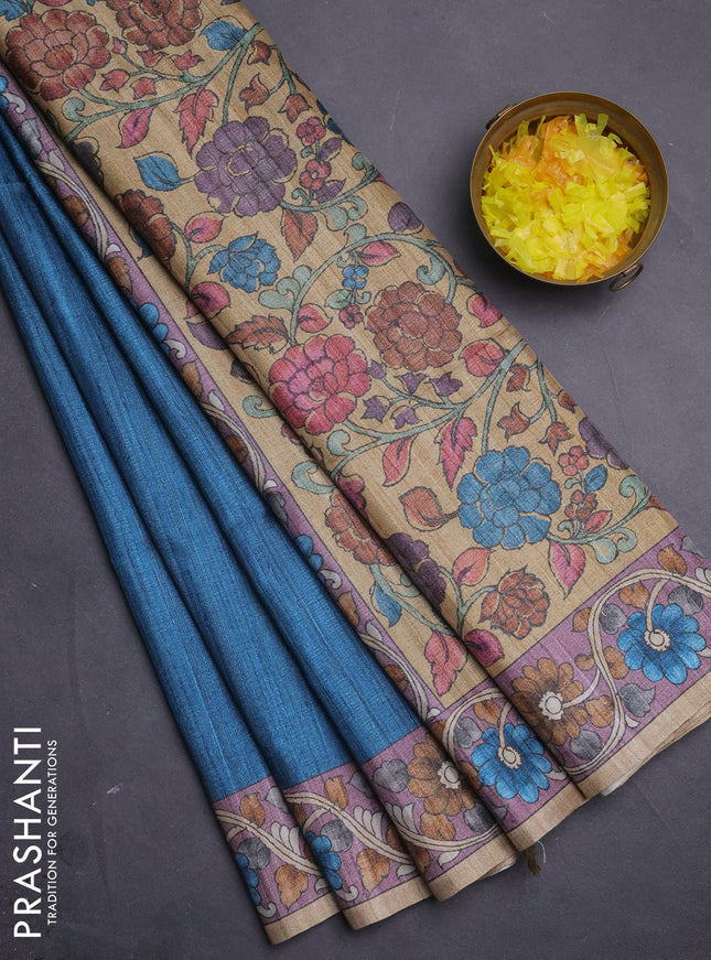Semi tussar saree peacoc kblue and pastel purple sandal with plain body and kalamkari printed pallu