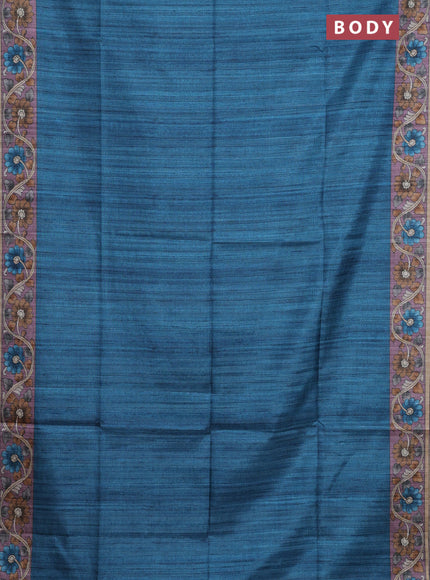 Semi tussar saree peacoc kblue and pastel purple sandal with plain body and kalamkari printed pallu