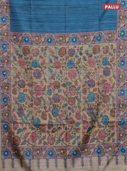 Semi tussar saree peacoc kblue and pastel purple sandal with plain body and kalamkari printed pallu