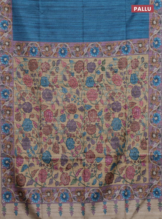 Semi tussar saree peacoc kblue and pastel purple sandal with plain body and kalamkari printed pallu