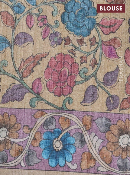 Semi tussar saree peacoc kblue and pastel purple sandal with plain body and kalamkari printed pallu