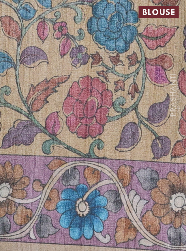 Semi tussar saree peacoc kblue and pastel purple sandal with plain body and kalamkari printed pallu