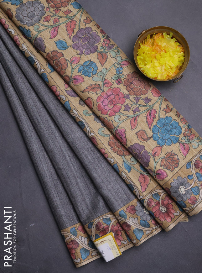 Semi tussar saree grey and sandal with plain body and kalamkari printed pallu