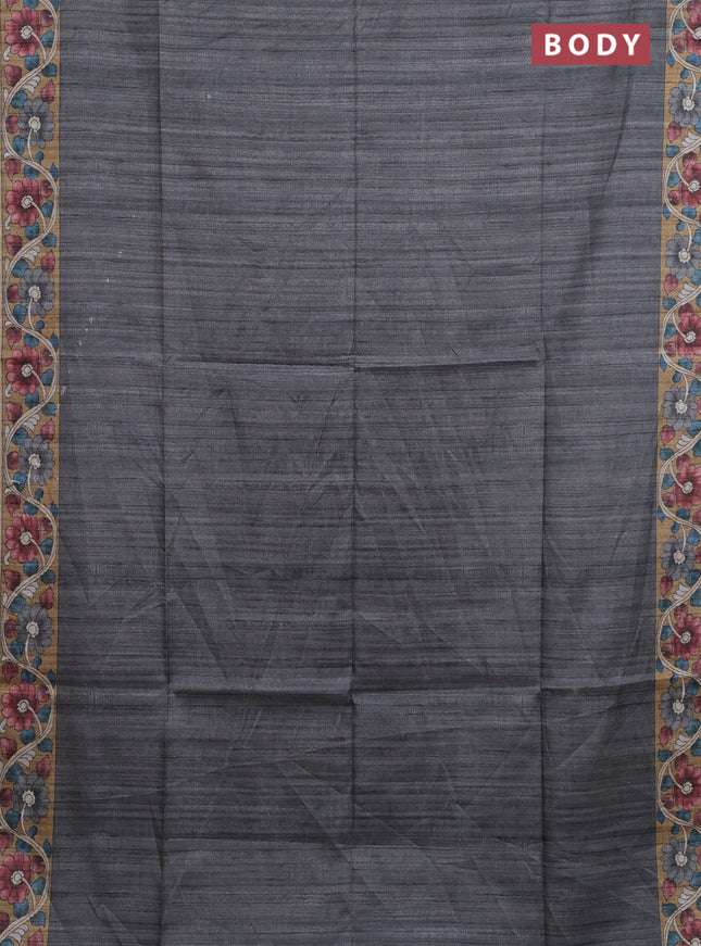 Semi tussar saree grey and sandal with plain body and kalamkari printed pallu