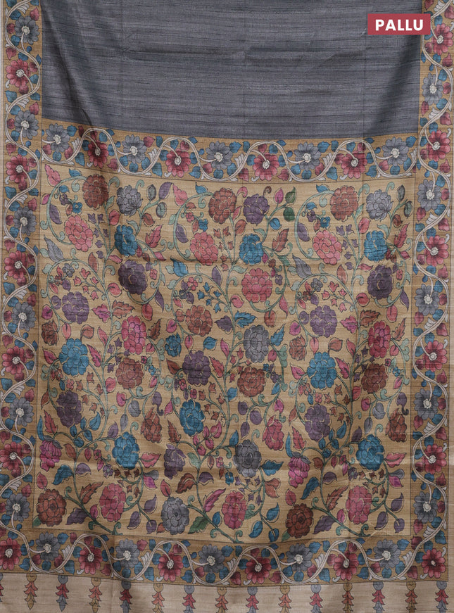 Semi tussar saree grey and sandal with plain body and kalamkari printed pallu