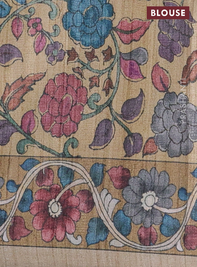 Semi tussar saree grey and sandal with plain body and kalamkari printed pallu