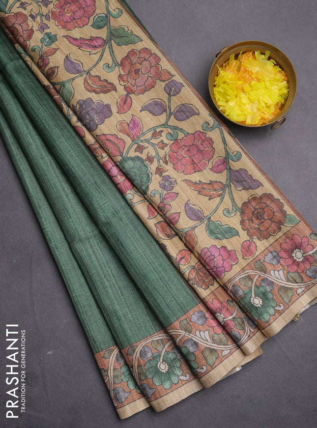 Semi tussar saree green and sandal with plain body and kalamkari printed pallu