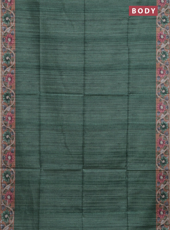 Semi tussar saree green and sandal with plain body and kalamkari printed pallu