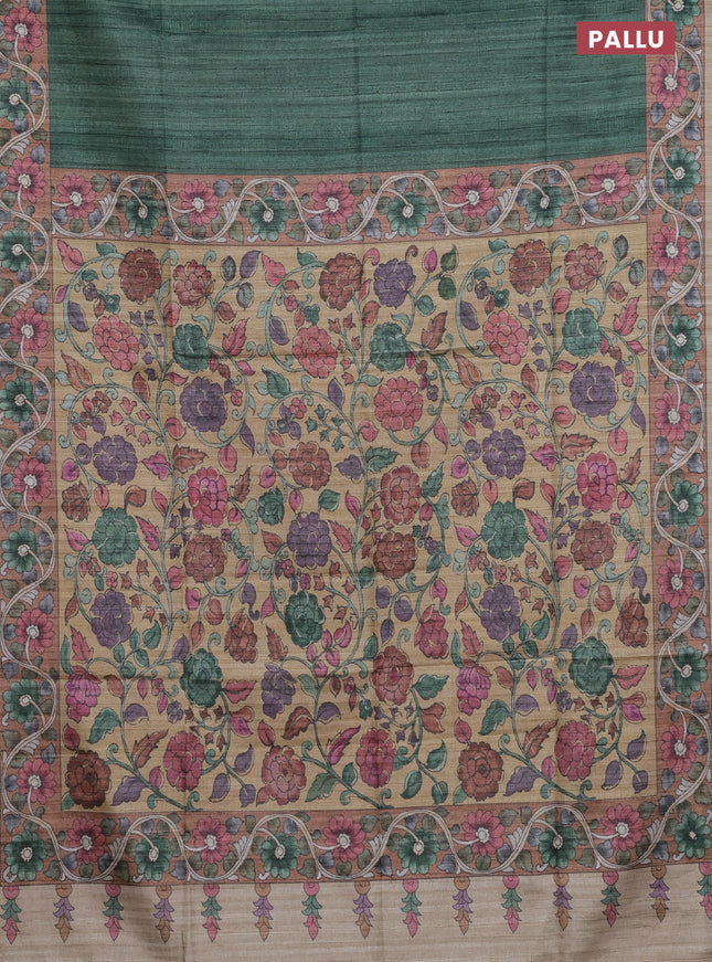 Semi tussar saree green and sandal with plain body and kalamkari printed pallu