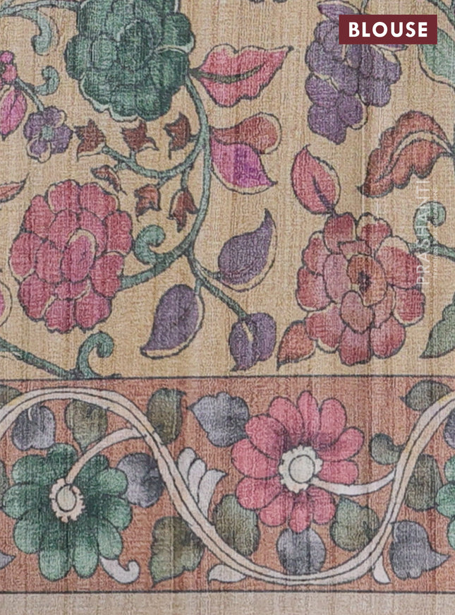 Semi tussar saree green and sandal with plain body and kalamkari printed pallu