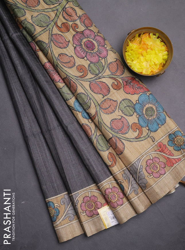 Semi tussar saree grey and sandal with plain body and kalamkari printed pallu