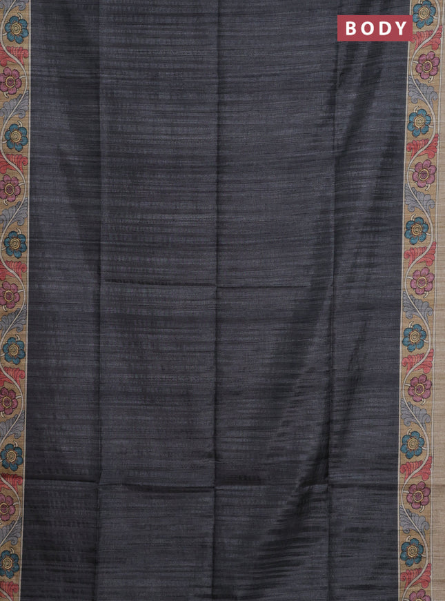 Semi tussar saree grey and sandal with plain body and kalamkari printed pallu