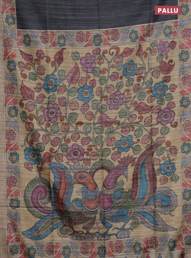 Semi tussar saree grey and sandal with plain body and kalamkari printed pallu