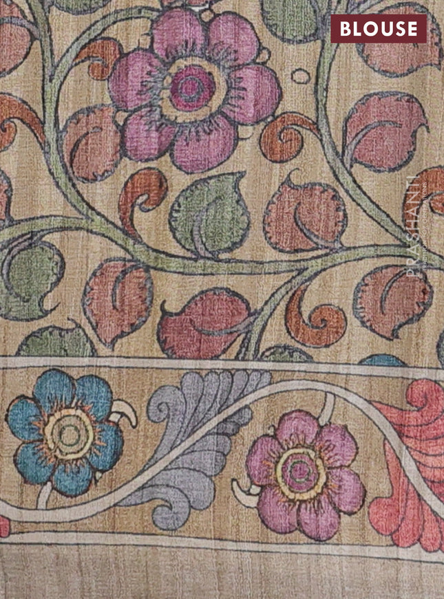 Semi tussar saree grey and sandal with plain body and kalamkari printed pallu