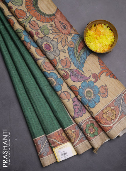Semi tussar saree green and sandal with plain body and kalamkari printed pallu