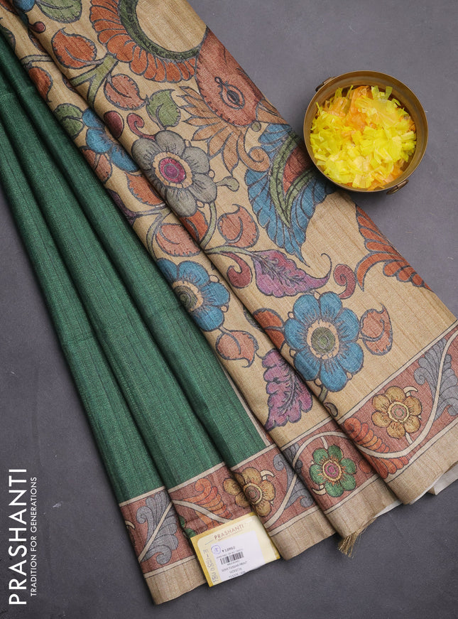 Semi tussar saree green and sandal with plain body and kalamkari printed pallu